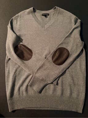 Banana Republic Gray V-Neck Sweater with Brown Elbow Patches